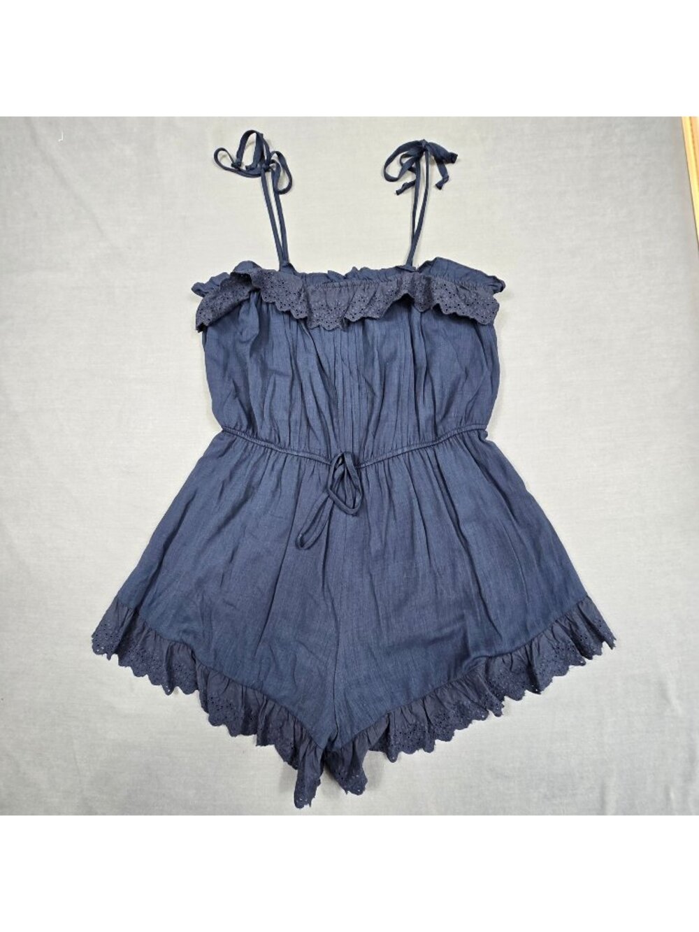 Blue Rain Navy Romper Francescas L Adjustable Straps Lace Trim Boho Romantic